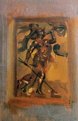 Man in armour blowing a horn